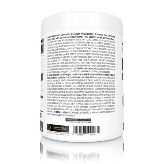 CREA-F7 405g 44serv Genius Nutrition GREEN APPLE - Supliment cu 6 tipuri de creatina pentru cresterea masei musculare, energie, pompare si hidratare superioara.