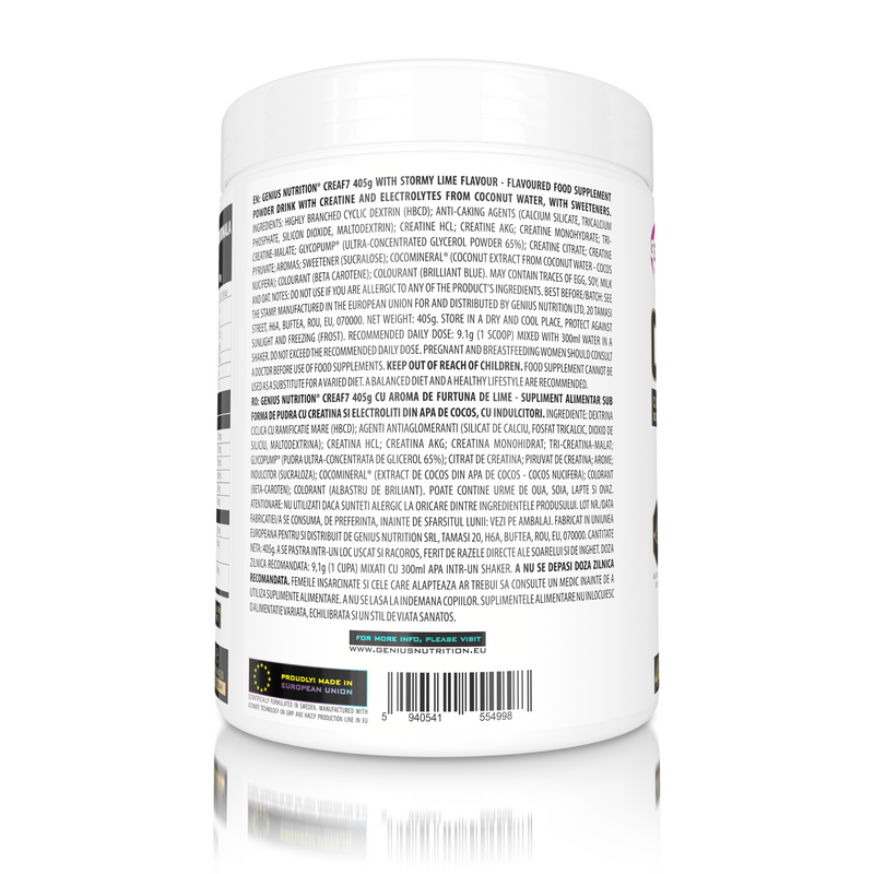 Incarca imaginea in galerie, CREA-F7 405g 44serv Genius Nutrition STORMY LIME - Supliment cu 6 tipuri de creatina pentru cresterea masei musculare, energie, pompare si hidratare superioara.
