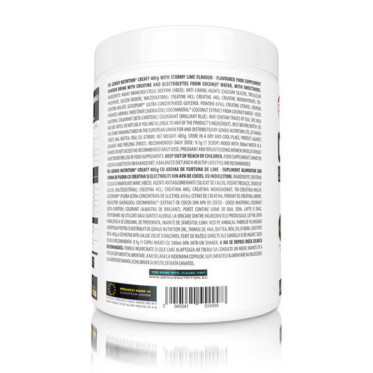 CREA-F7 405g 44serv Genius Nutrition STORMY LIME - Supliment cu 6 tipuri de creatina pentru cresterea masei musculare, energie, pompare si hidratare superioara.