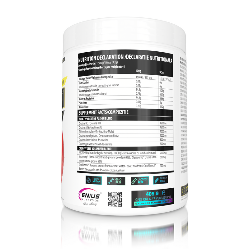 Incarca imaginea in galerie, CREA-F7 405g 44serv Genius Nutrition Balinese Mango - Supliment cu 6 tipuri de creatina pentru cresterea masei musculare, energie, pompare si hidratare superioara.

