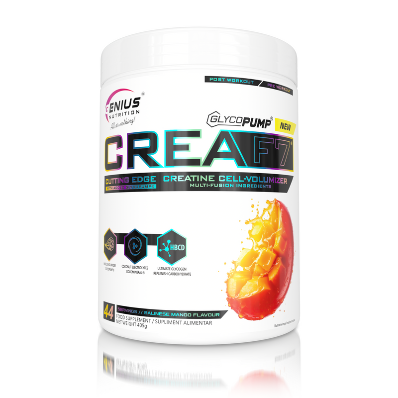 Incarca imaginea in galerie, CREA-F7 405g 44serv Genius Nutrition Balinese Mango - Supliment cu 6 tipuri de creatina pentru cresterea masei musculare, energie, pompare si hidratare superioara.
