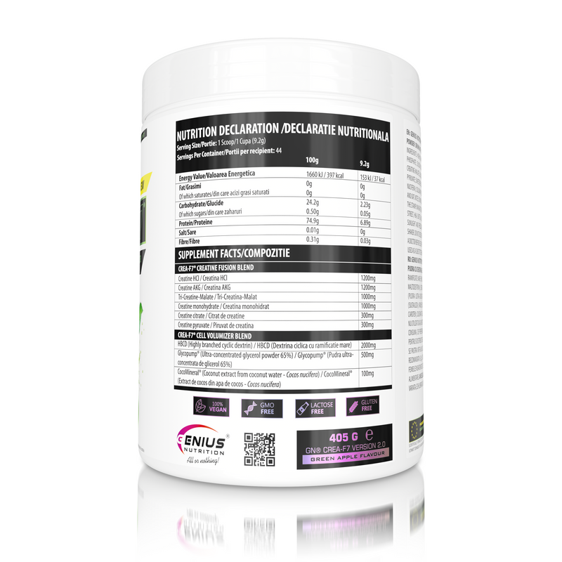 Incarca imaginea in galerie, CREA-F7 405g 44serv Genius Nutrition GREEN APPLE - Supliment cu 6 tipuri de creatina pentru cresterea masei musculare, energie, pompare si hidratare superioara.
