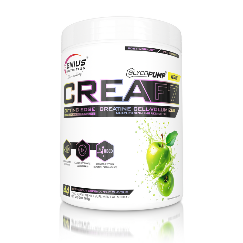 Incarca imaginea in galerie, CREA-F7 405g 44serv Genius Nutrition GREEN APPLE - Supliment cu 6 tipuri de creatina pentru cresterea masei musculare, energie, pompare si hidratare superioara.
