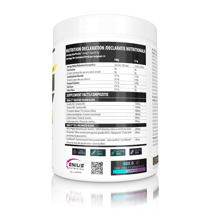 Incarca imaginea in galerie, CREA-F7 405g 44serv Genius Nutrition STORMY LIME - Supliment cu 6 tipuri de creatina pentru cresterea masei musculare, energie, pompare si hidratare superioara.
