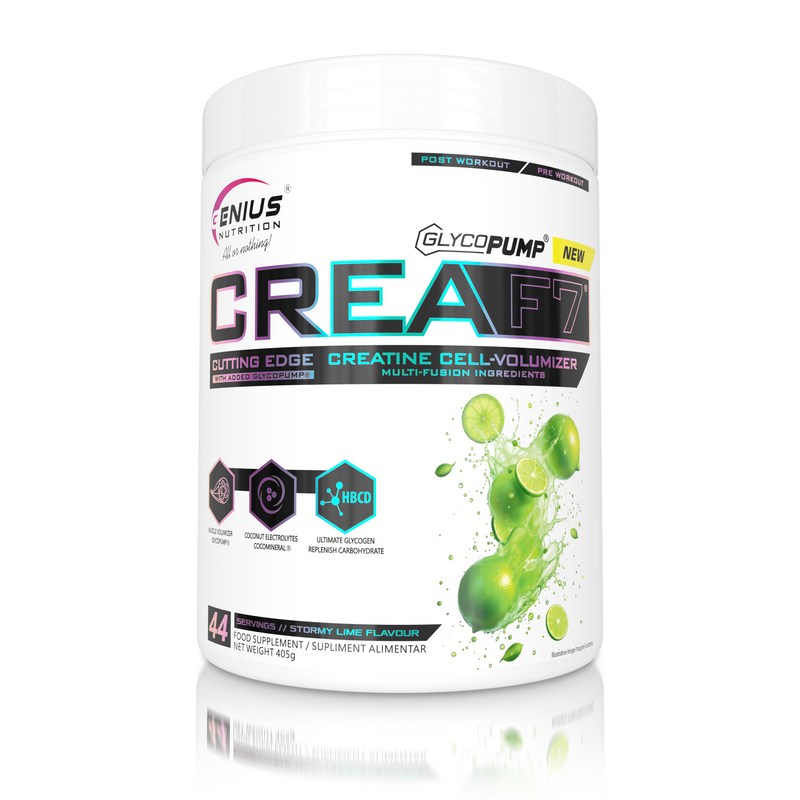 Incarca imaginea in galerie, CREA-F7 405g 44serv Genius Nutrition STORMY LIME - Supliment cu 6 tipuri de creatina pentru cresterea masei musculare, energie, pompare si hidratare superioara.
