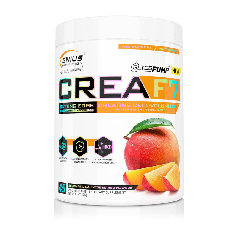 Incarca imaginea in galerie, CREA-F7 405g 45serv Genius Nutrition Balinese Mango - Supliment cu 6 tipuri de creatina pentru cresterea masei musculare, energie, pompare si hidratare superioara
