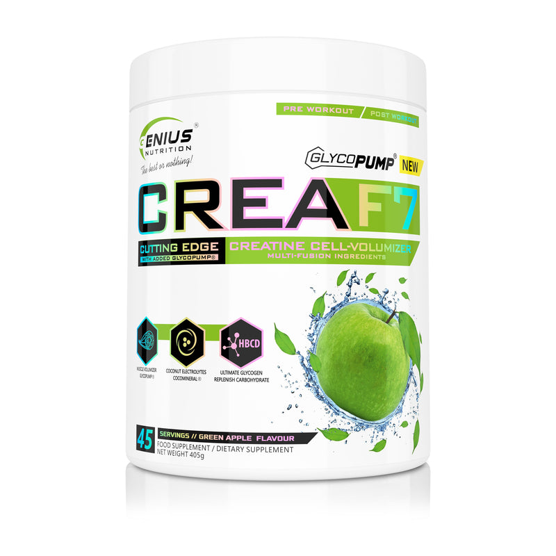 Incarca imaginea in galerie, CREA-F7 405g 45serv Genius Nutrition Green Apple – Supliment cu 6 tipuri de creatina pentru cresterea masei musculare, energie, pompare si hidratare superioara
