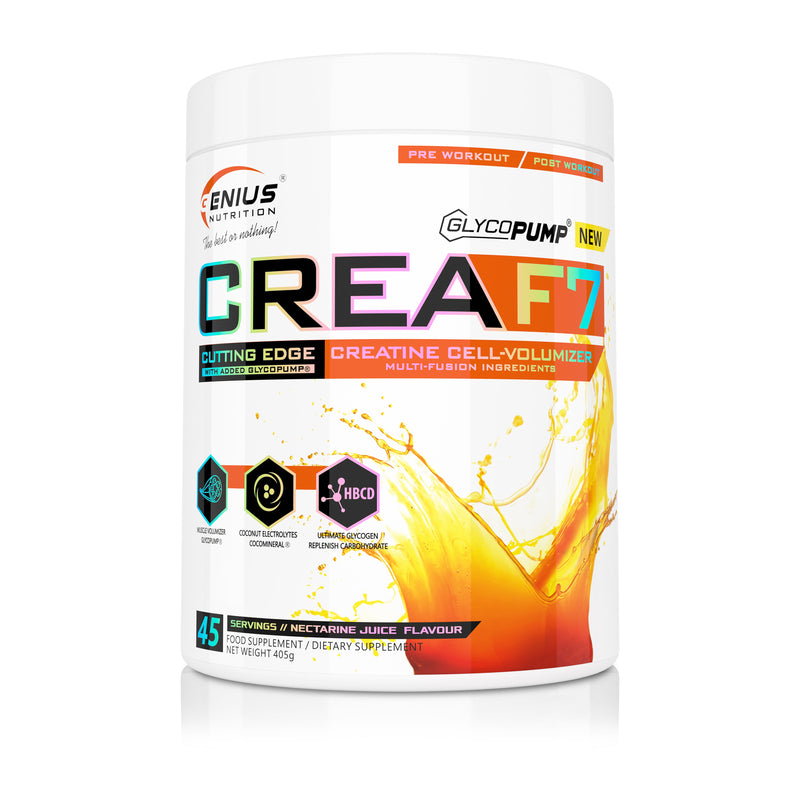 Incarca imaginea in galerie, CREA-F7 405g 45serv Genius Nutrition Nectarine Juice - Supliment cu 6 tipuri de creatina pentru cresterea masei musculare, energie, pompare si hidratare superioara
