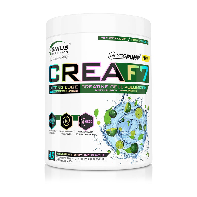 Incarca imaginea in galerie, CREA-F7 405g 45serv Genius Nutrition Stormy Lime - Supliment cu 6 tipuri de creatina pentru cresterea masei musculare, energie, pompare si hidratare superioara
