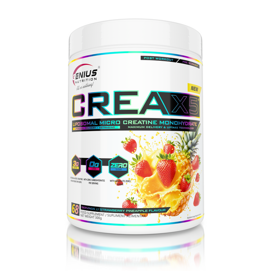 CREA-X5 Genius Nutrition 300g 68serv - Supliment alimentar pe baza de creatina monohidrat cu absorbtie liposomala si AstraGin®, special conceput pentru a creste energia, forta si rezistenta fizica cu aroma de capsuna si ananas.
