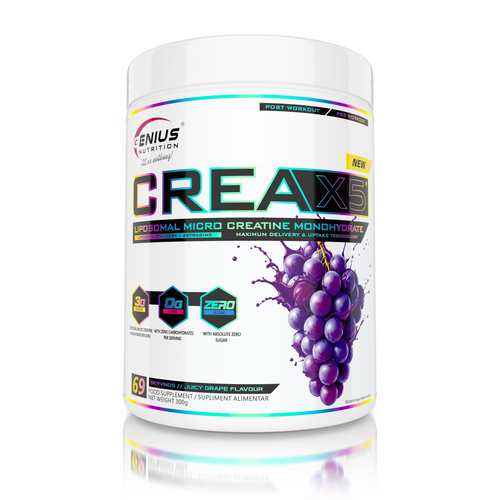 CREA-X5 Genius Nutrition 300g 69serv - Supliment alimentar pe baza de creatina monohidrat cu absorbtie liposomala si AstraGin®, special conceput pentru a creste energia, forta si rezistenta fizica cu aroma de strugure.
