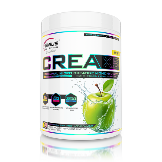 CREA-X5 Genius Nutrition 300g 69serv - Supliment alimentar pe baza de creatina monohidrat cu absorbtie liposomala si AstraGin®, special conceput pentru a creste energia, forta si rezistenta fizica cu aroma sour green apple.