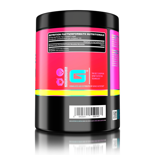 CREATINE MONOHYDRATE 400g 133 serv Genius Nutrition unflavored - Supliment pentru stimularea productiei de ATP, cresterea masei musculare si imbunatatirea rezistentei fizice
