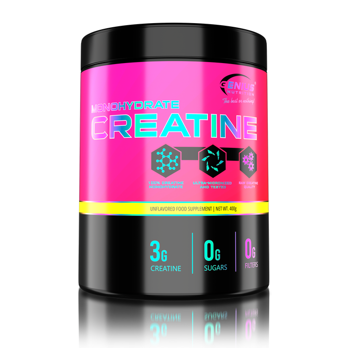 CREATINE MONOHYDRATE 400g 133 serv Genius Nutrition unflavored - Supliment pentru stimularea productiei de ATP, cresterea masei musculare si imbunatatirea rezistentei fizice