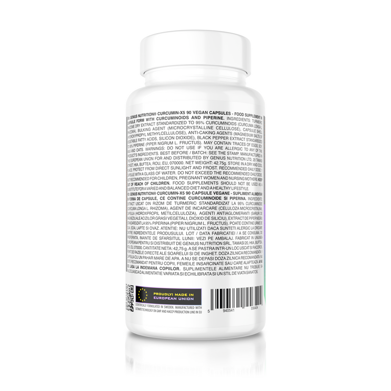 Incarca imaginea in galerie, CURCUMIN-X5 (TURMERIC) 90caps 90serv Genius Nutrition – Supliment natural antiinflamator cu turmeric si piperina pentru o absorbtie superioara
