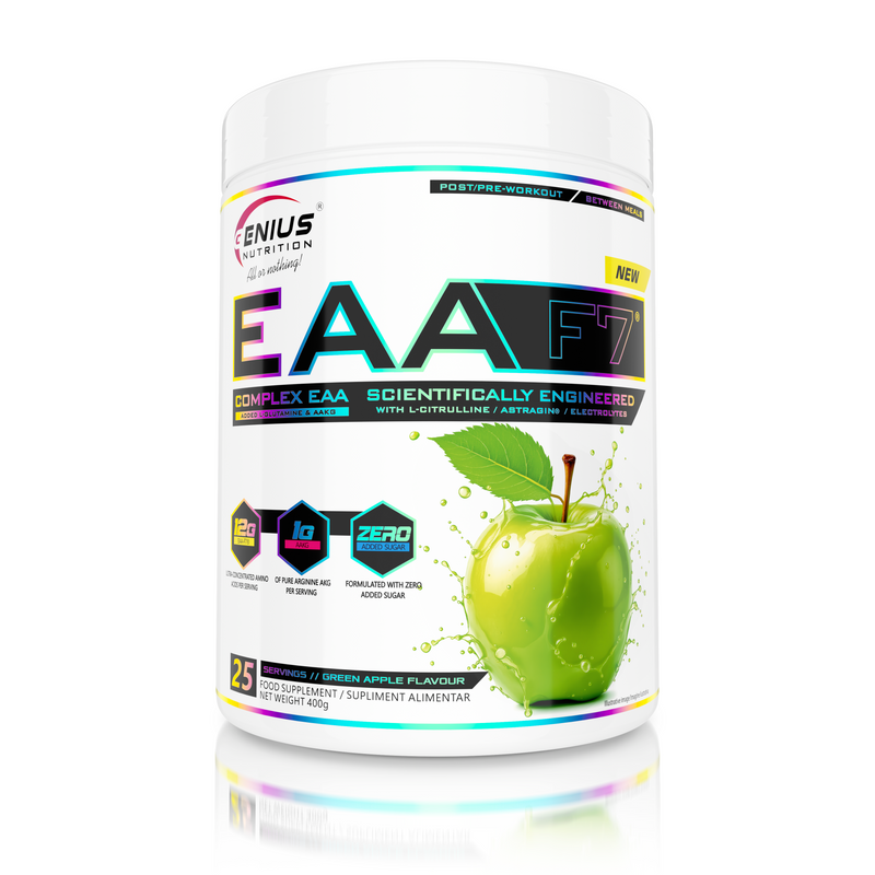 Incarca imaginea in galerie, EAA-F7 400g 25serv Genius Nutrition - Supliment pe baza de aminoacizi esentiali, pentru refacere rapida, stimularea cresterii masei musculare si sustinerea concentrarii, imbogatit cu AstraGin® pentru o absorbtie superioara, cu aroma de mar verde.
