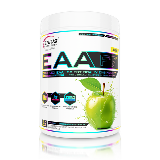 EAA-F7 400g 25serv Genius Nutrition - Supliment pe baza de aminoacizi esentiali, pentru refacere rapida, stimularea cresterii masei musculare si sustinerea concentrarii, imbogatit cu AstraGin® pentru o absorbtie superioara, cu aroma de mar verde.
