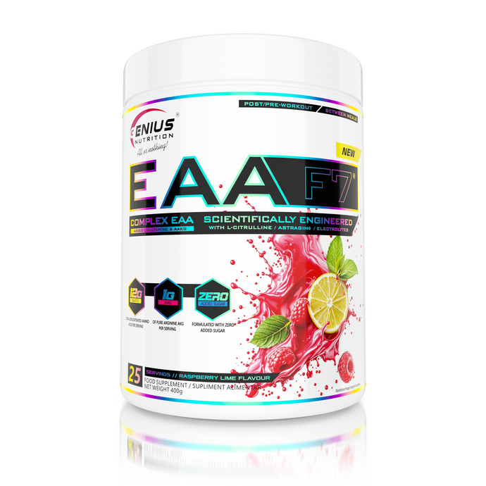 EAA-F7 400g 25serv Genius Nutrition - Supliment pe baza de aminoacizi esentiali, pentru refacere rapida, stimularea cresterii masei musculare si sustinerea concentrarii, imbogatit cu AstraGin® pentru o absorbtie superioara, cu aroma de zmeura si lime.