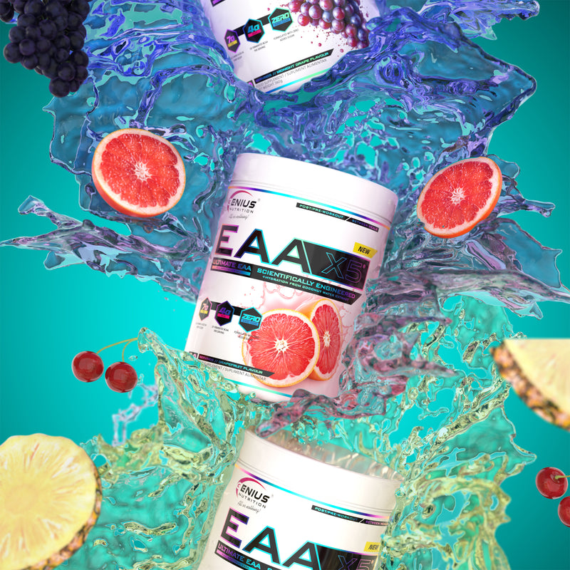 Incarca imaginea in galerie, EAA-X5 360g 30serv Genius Nutrition - Supliment cu aminoacizi esentiali  pentru refacerea si cresterea masei musculare, imbogatit cu CocoMineral® pentru o hidratare eficienta cu aroma de  grepfrut.
