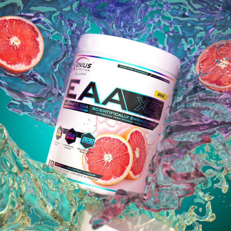 Incarca imaginea in galerie, EAA-X5 360g 30serv Genius Nutrition - Supliment cu aminoacizi esentiali  pentru refacerea si cresterea masei musculare, imbogatit cu CocoMineral® pentru o hidratare eficienta cu aroma de  grepfrut.
