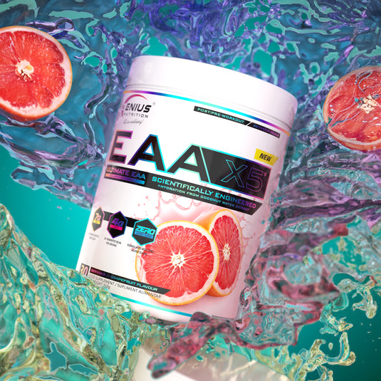 EAA-X5 360g 30serv Genius Nutrition - Supliment cu aminoacizi esentiali  pentru refacerea si cresterea masei musculare, imbogatit cu CocoMineral® pentru o hidratare eficienta cu aroma de  grepfrut.