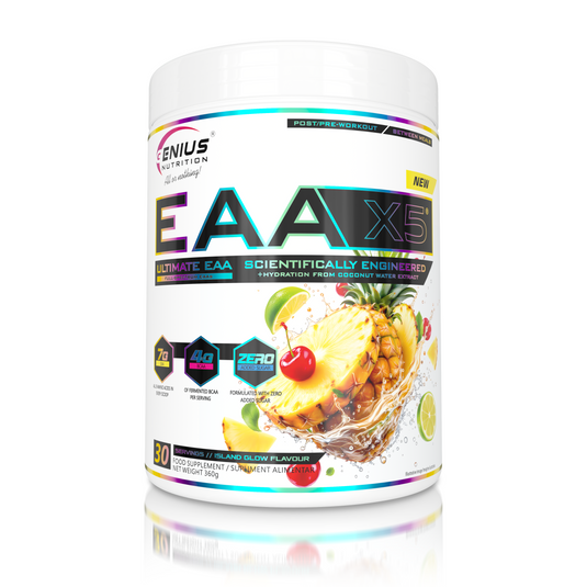 EAA-X5 360g 30serv Genius Nutrition - Supliment cu aminoacizi esentiali  pentru refacerea si cresterea masei musculare, imbogatit cu CocoMineral® pentru o hidratare eficienta cu aroma de  cocktail exotic. 