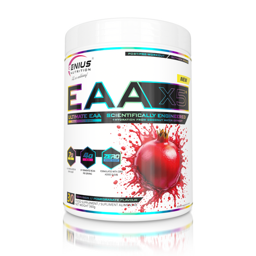 EAA-X5 360g 30serv Genius Nutrition - Supliment cu aminoacizi esentiali  pentru refacerea si cresterea masei musculare, imbogatit cu CocoMineral® pentru o hidratare eficienta cu aroma de  rodie.