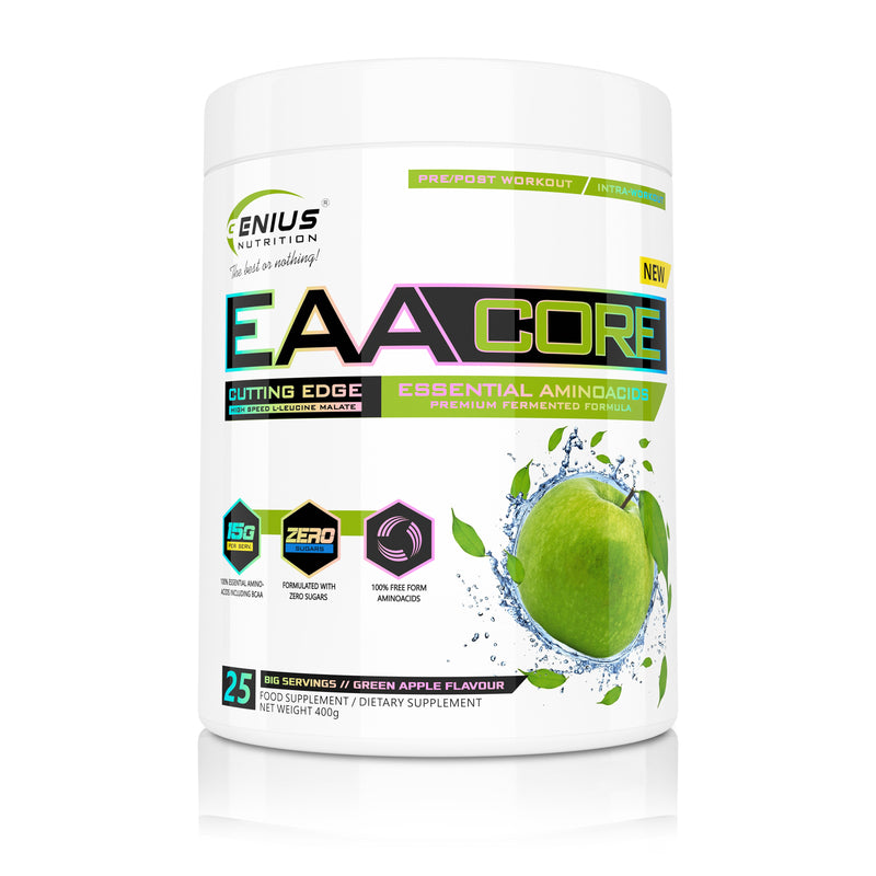 Incarca imaginea in galerie, EAACORE 400g 25serv Genius Nutrition - Supliment cu aminoacizi esentiali pentru refacerea si cresterea masei musculare, imbogatit cu taurina pentru o hidratare eficienta cu aroma de green apple
