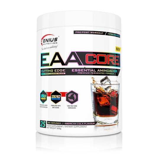 EAACORE 400g 25serv Genius Nutrition - Supliment cu aminoacizi esentiali pentru refacerea si cresterea masei musculare, imbogatit cu taurina pentru o hidratare eficienta cu aroma de American Cola 