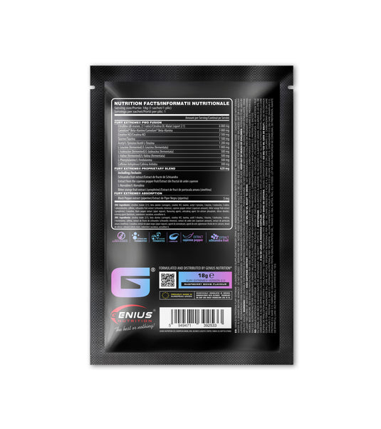 FURY EXTREME 18g 1serv Genius Nutrition - - Supliment pre-antrenament cu continut ridicat de cofeina pentru energie, pompare si anduranta cu aroma de raspberry bomb