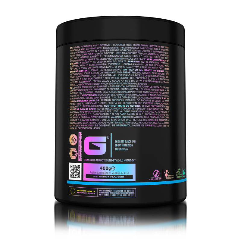 Incarca imaginea in galerie, FURY EXTREME 400g 22serv Genius Nutrition - Supliment pre-workout cu continut ridicat de cofeina pentru energie, pompare si anduranta cu aroma de ice candy
