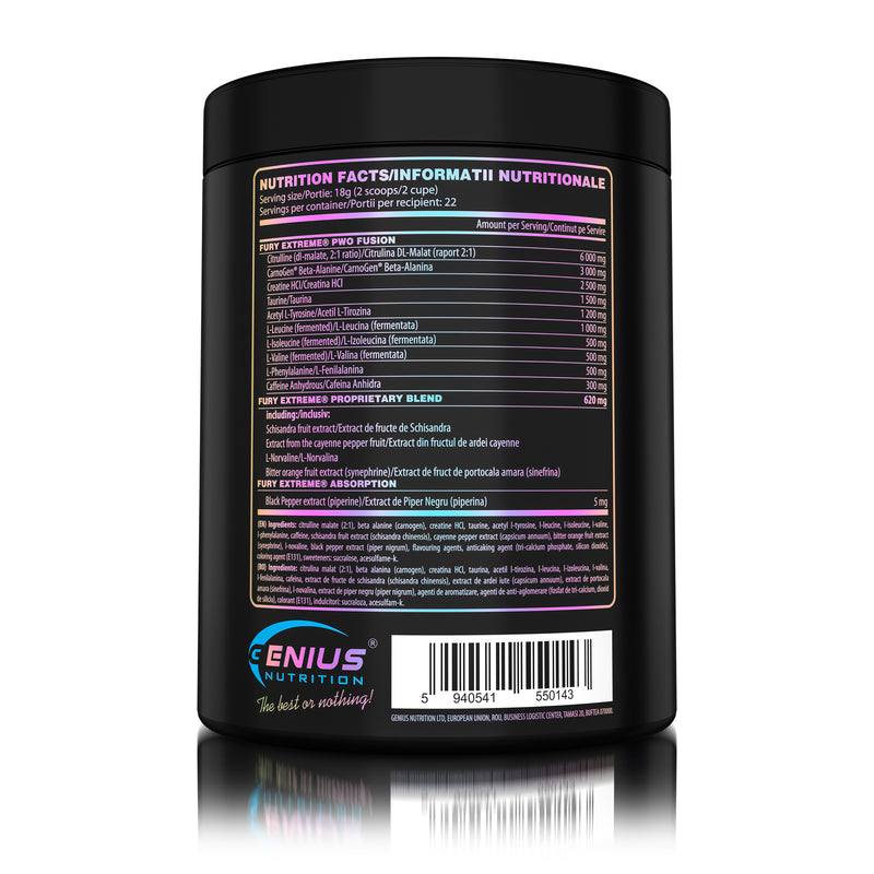 Incarca imaginea in galerie, FURY EXTREME 400g 22serv Genius Nutrition - Supliment pre-workout cu continut ridicat de cofeina pentru energie, pompare si anduranta cu aroma de ice candy
