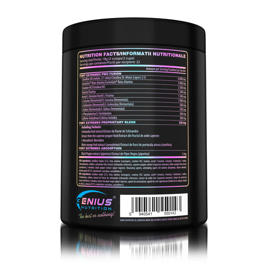 FURY EXTREME 400g 22serv Genius Nutrition - Supliment pre-workout cu continut ridicat de cofeina pentru energie, pompare si anduranta cu aroma de ice candy