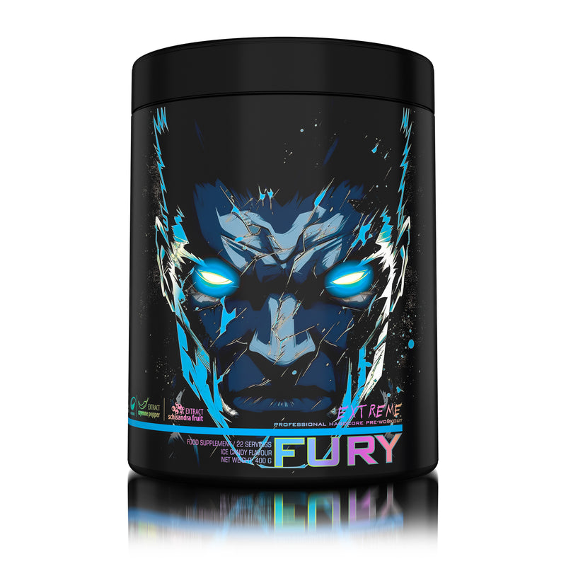 Incarca imaginea in galerie, FURY EXTREME 400g 22serv Genius Nutrition - Supliment pre-workout cu continut ridicat de cofeina pentru energie, pompare si anduranta cu aroma de ice candy
