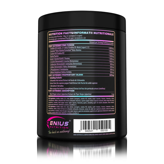 FURY EXTREME 400g 22serv Genius Nutrition - Supliment pre-workout cu continut ridicat de cofeina pentru energie, pompare si anduranta cu aroma de kiwi strawberry