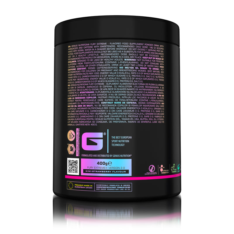 Incarca imaginea in galerie, FURY EXTREME 400g 22serv Genius Nutrition - Supliment pre-workout cu continut ridicat de cofeina pentru energie, pompare si anduranta cu aroma de kiwi strawberry
