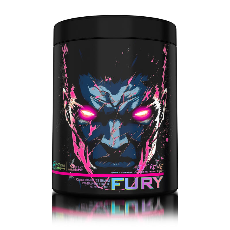 Incarca imaginea in galerie, FURY EXTREME 400g 22serv Genius Nutrition - Supliment pre-workout cu continut ridicat de cofeina pentru energie, pompare si anduranta cu aroma de kiwi strawberry
