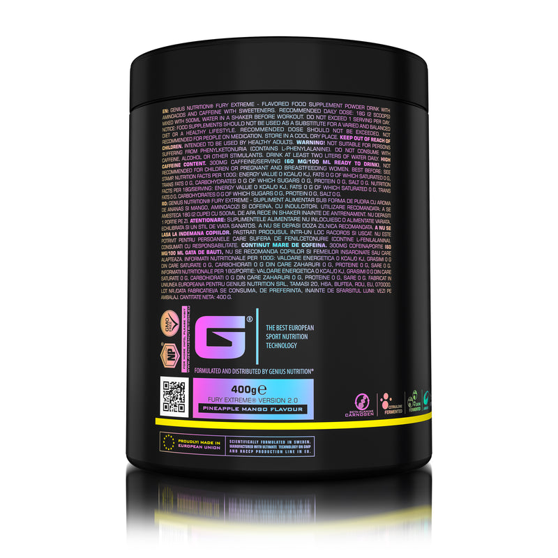 Incarca imaginea in galerie, FURY EXTREME 400g 22serv Genius Nutrition - Supliment pre-workout cu continut ridicat de cofeina pentru energie, pompare si anduranta cu aroma de pineapple mango
