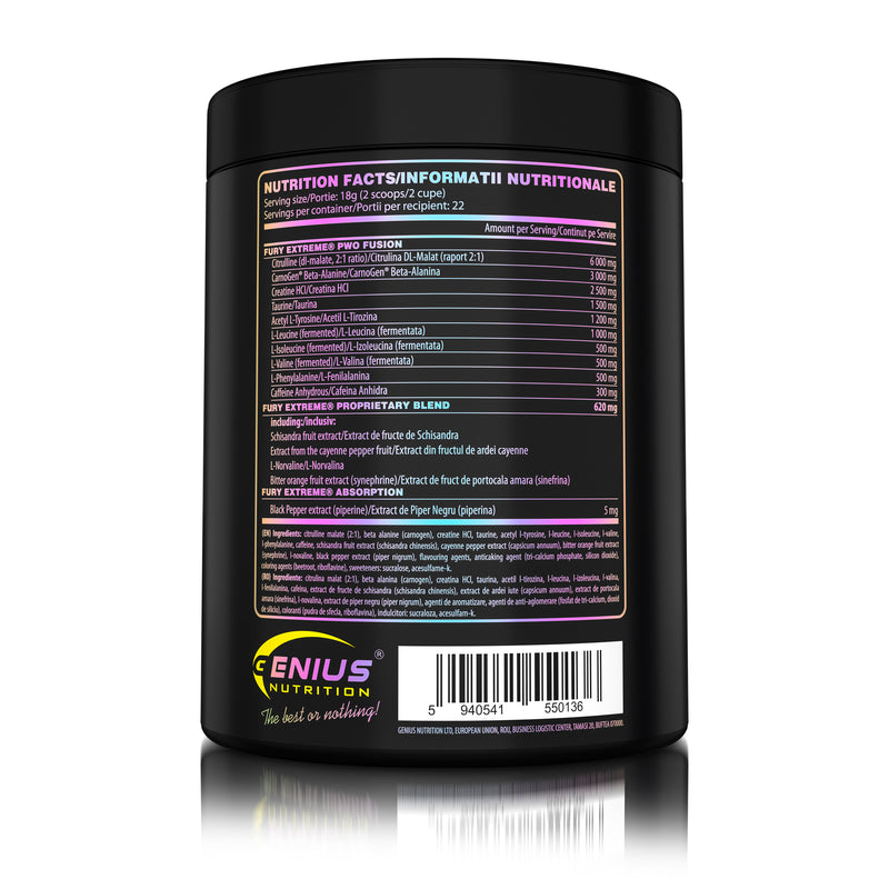 Incarca imaginea in galerie, FURY EXTREME 400g 22serv Genius Nutrition - Supliment pre-workout cu continut ridicat de cofeina pentru energie, pompare si anduranta cu aroma de pineapple mango
