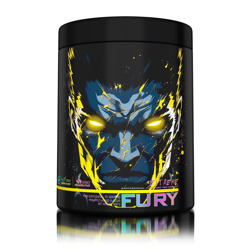 Incarca imaginea in galerie, FURY EXTREME 400g 22serv Genius Nutrition - Supliment pre-workout cu continut ridicat de cofeina pentru energie, pompare si anduranta cu aroma de pineapple mango
