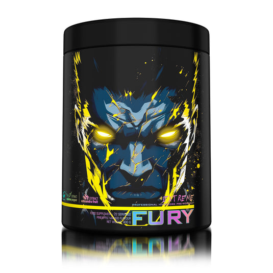 FURY EXTREME 400g 22serv Genius Nutrition - Supliment pre-workout cu continut ridicat de cofeina pentru energie, pompare si anduranta cu aroma de pineapple mango