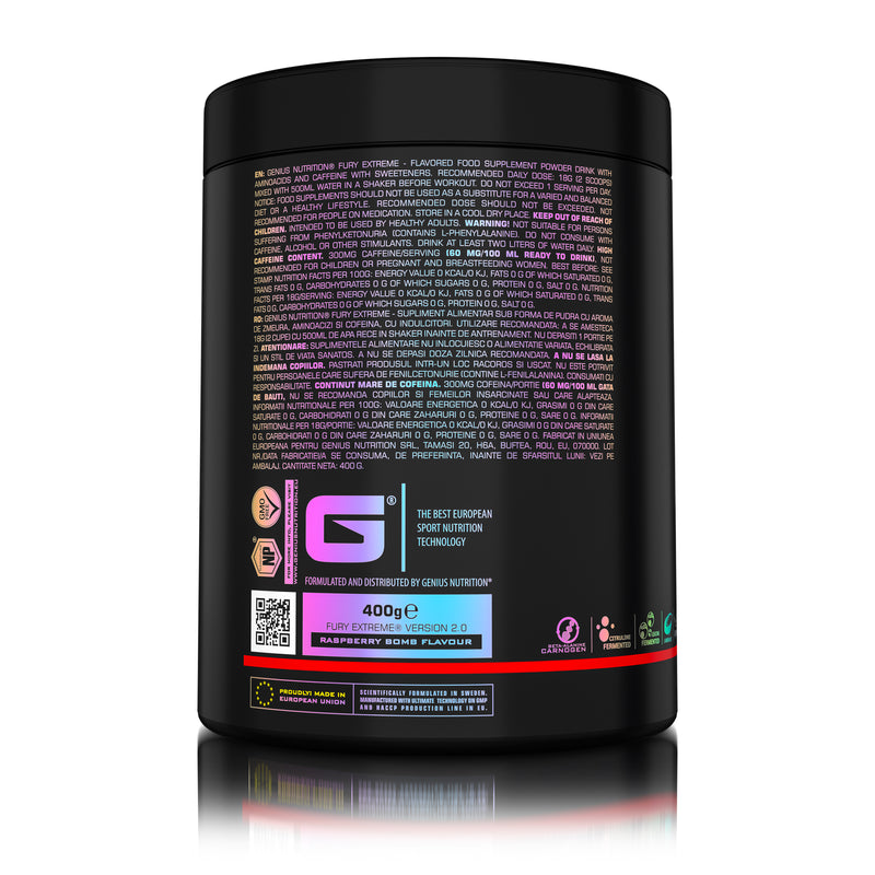 Incarca imaginea in galerie, FURY EXTREME 400g 22serv Genius Nutrition - Supliment pre-workout cu continut ridicat de cofeina pentru energie, pompare si anduranta cu aroma de raspberry bomb
