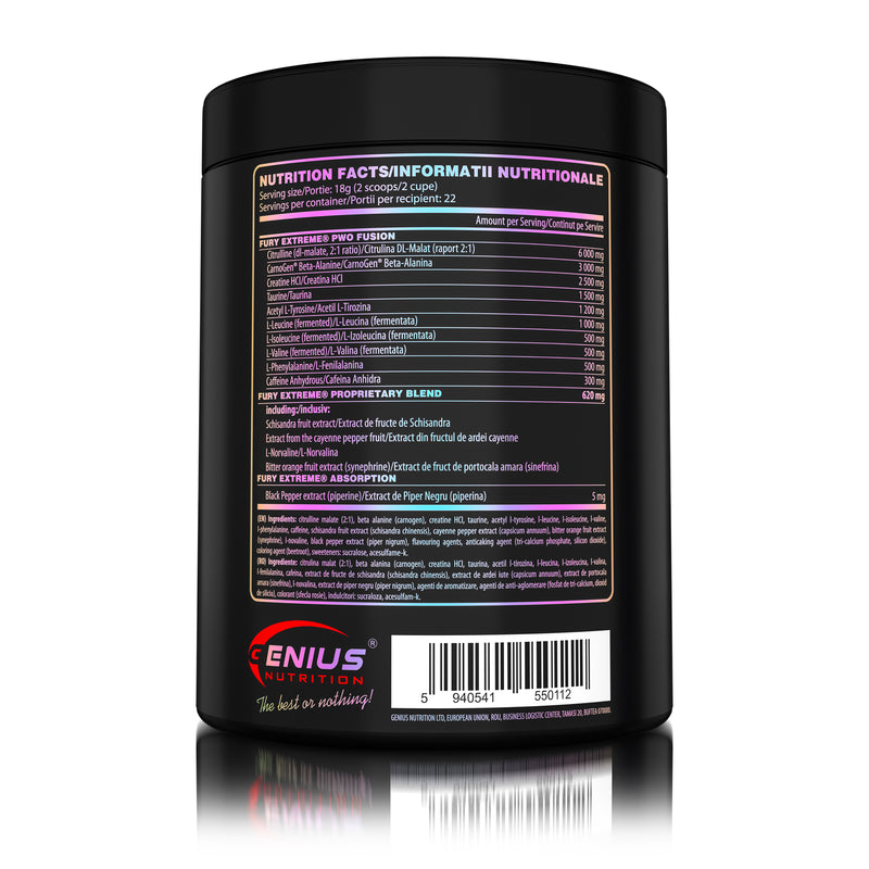 Incarca imaginea in galerie, FURY EXTREME 400g 22serv Genius Nutrition - Supliment pre-workout cu continut ridicat de cofeina pentru energie, pompare si anduranta cu aroma de raspberry bomb
