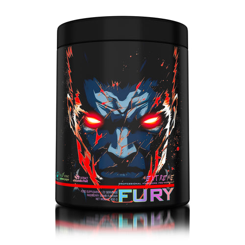 FURY EXTREME 400g 22serv Genius Nutrition - Supliment pre-workout cu continut ridicat de cofeina pentru energie, pompare si anduranta cu aroma de raspberry bomb