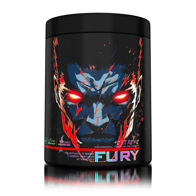 Incarca imaginea in galerie, FURY EXTREME 400g 22serv Genius Nutrition - Supliment pre-workout cu continut ridicat de cofeina pentru energie, pompare si anduranta cu aroma de raspberry bomb
