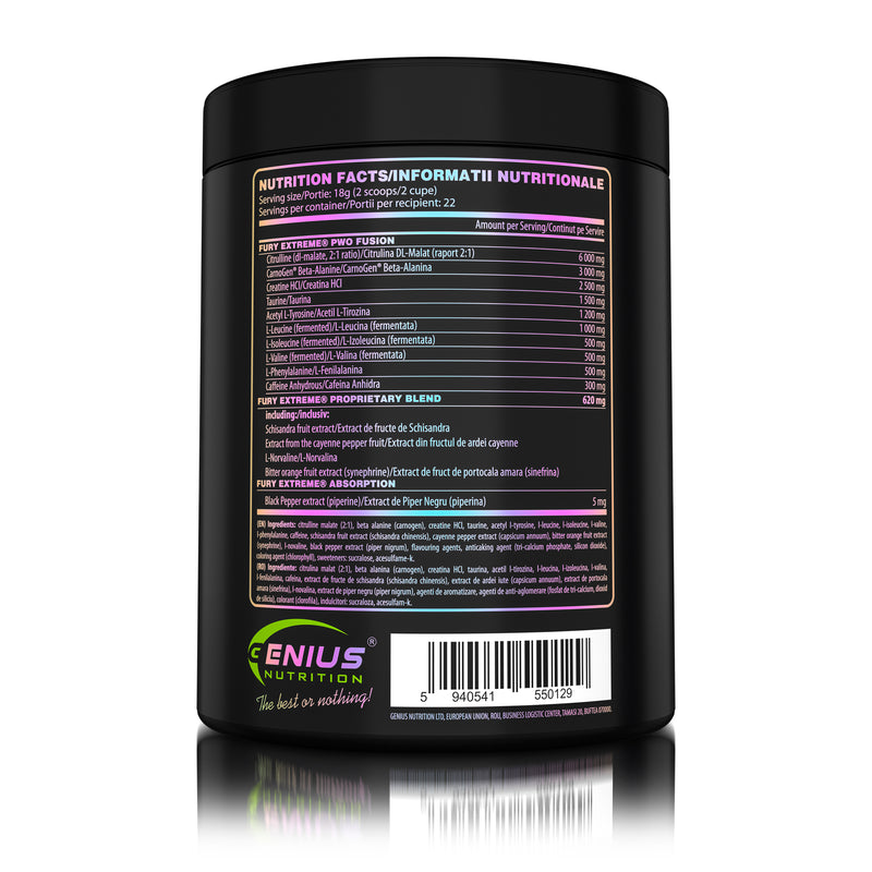 Incarca imaginea in galerie, FURY EXTREME 400g 22serv Genius Nutrition - Supliment pre-workout cu continut ridicat de cofeina pentru energie, pompare si anduranta cu aroma de sour apple
