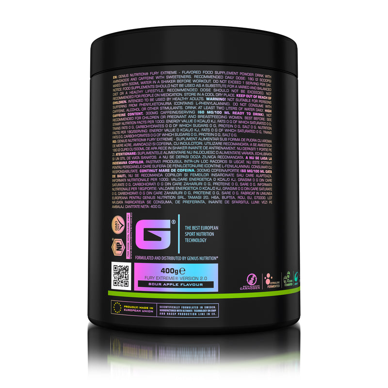 Incarca imaginea in galerie, FURY EXTREME 400g 22serv Genius Nutrition - Supliment pre-workout cu continut ridicat de cofeina pentru energie, pompare si anduranta cu aroma de sour apple
