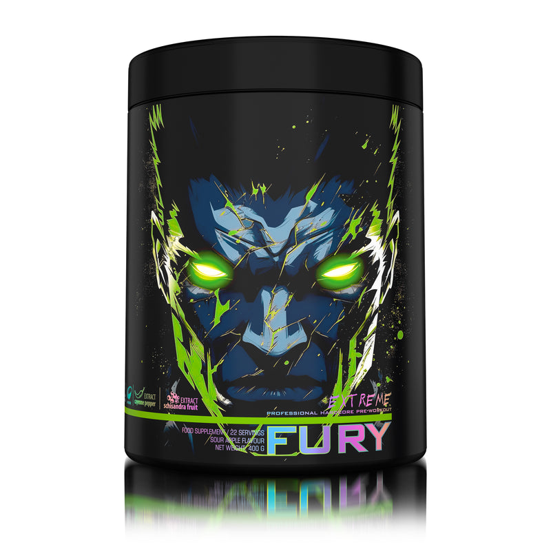 Incarca imaginea in galerie, FURY EXTREME 400g 22serv Genius Nutrition - Supliment pre-workout cu continut ridicat de cofeina pentru energie, pompare si anduranta cu aroma de sour apple
