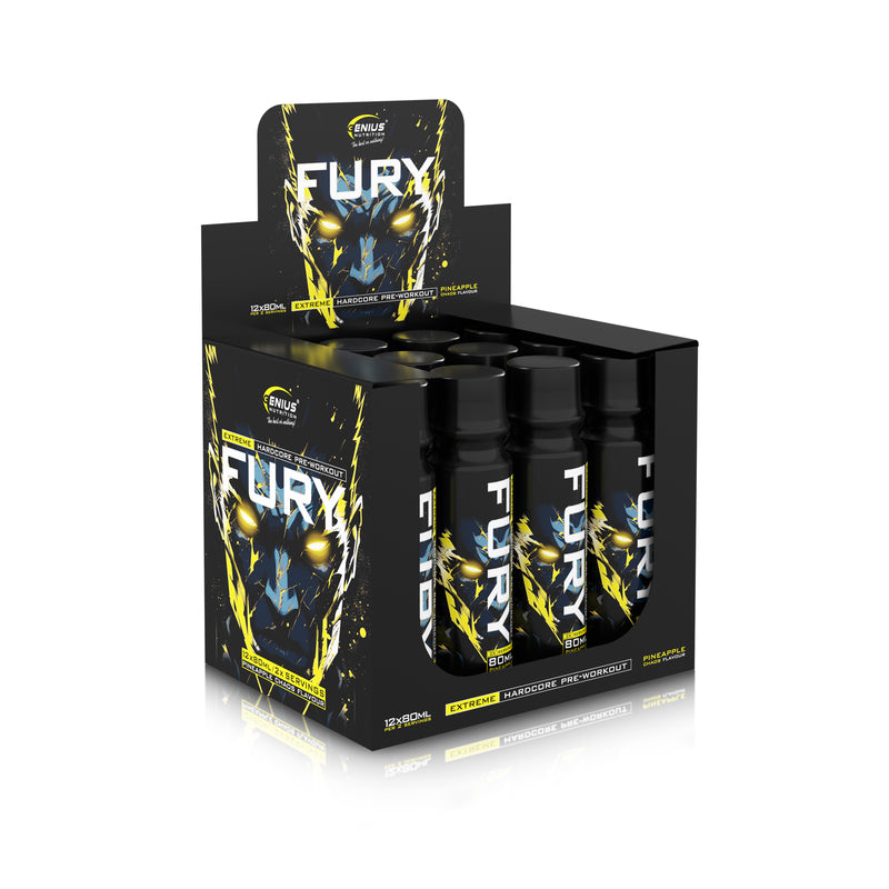 Incarca imaginea in galerie, FURY EXTREME SHOT 80ml 2serv Genius Nutrition – Supliment pre-workout shot gata de consum cu continut ridicat de cofeina pentru energie, focus si anduranta cu aroma de pineapple chaos
