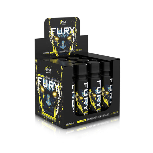 FURY EXTREME SHOT 80ml 2serv Genius Nutrition – Supliment pre-workout shot gata de consum cu continut ridicat de cofeina pentru energie, focus si anduranta cu aroma de pineapple chaos